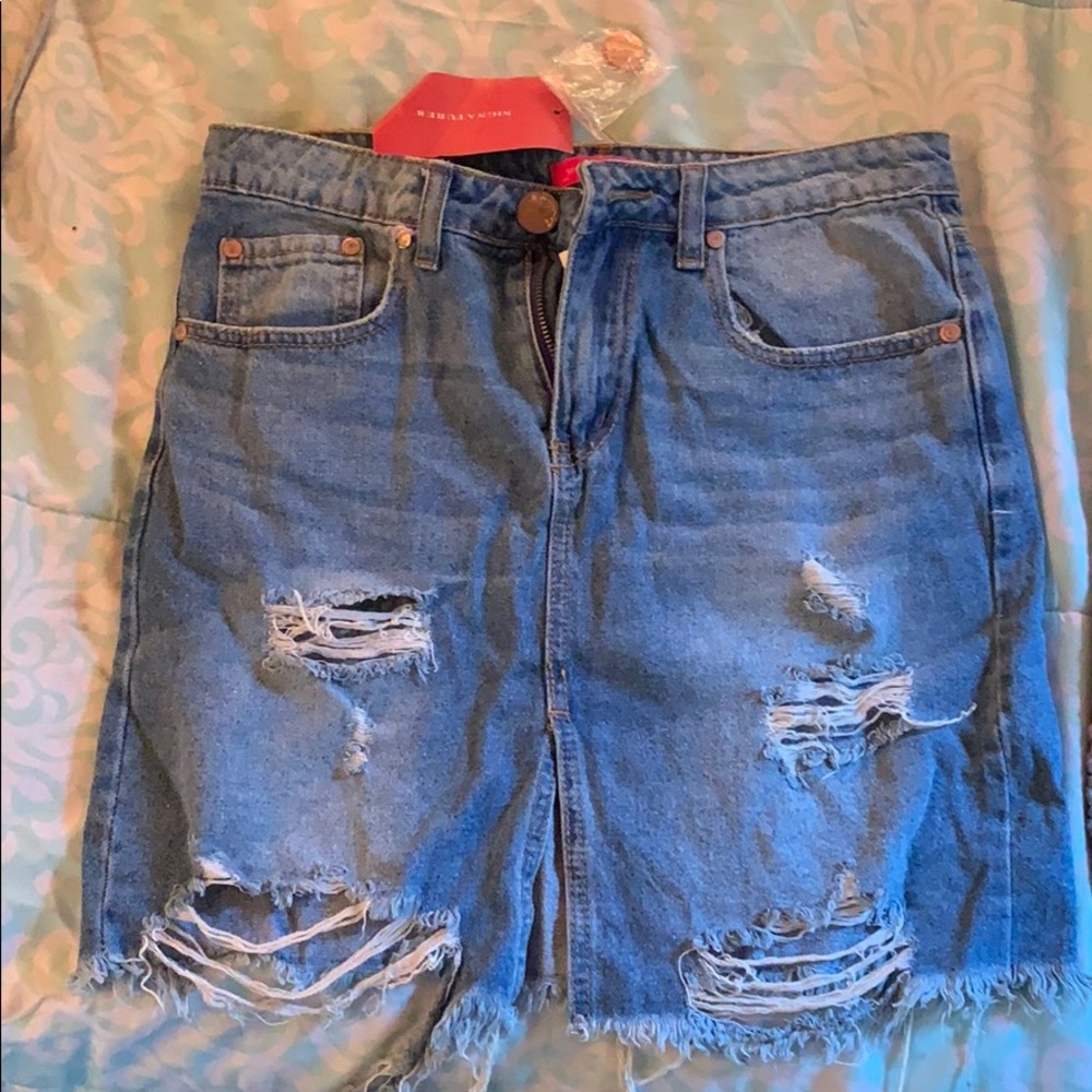 High-Waisted Lightly Distressed Jean Skirt